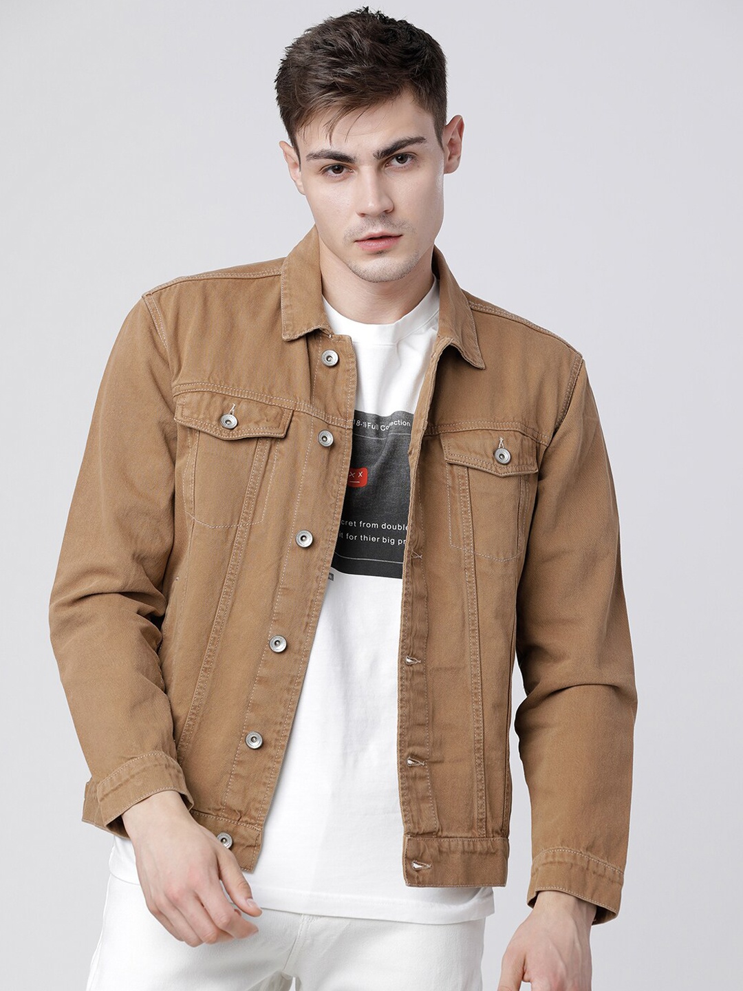 LOCOMOTIVE Men Khaki Solid Denim Jacket