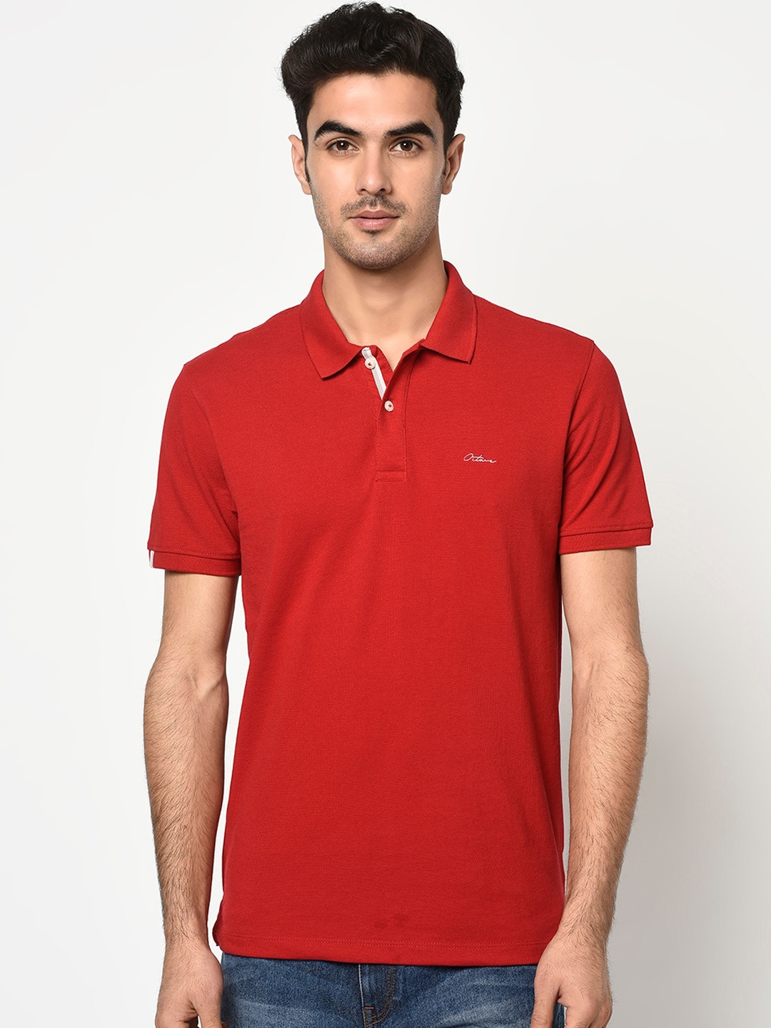

Octave Men Red Solid Polo Collar T-shirt