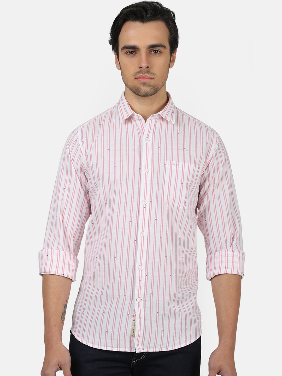 

Monte Carlo Men Pink & White Regular Fit Striped Casual Shirt