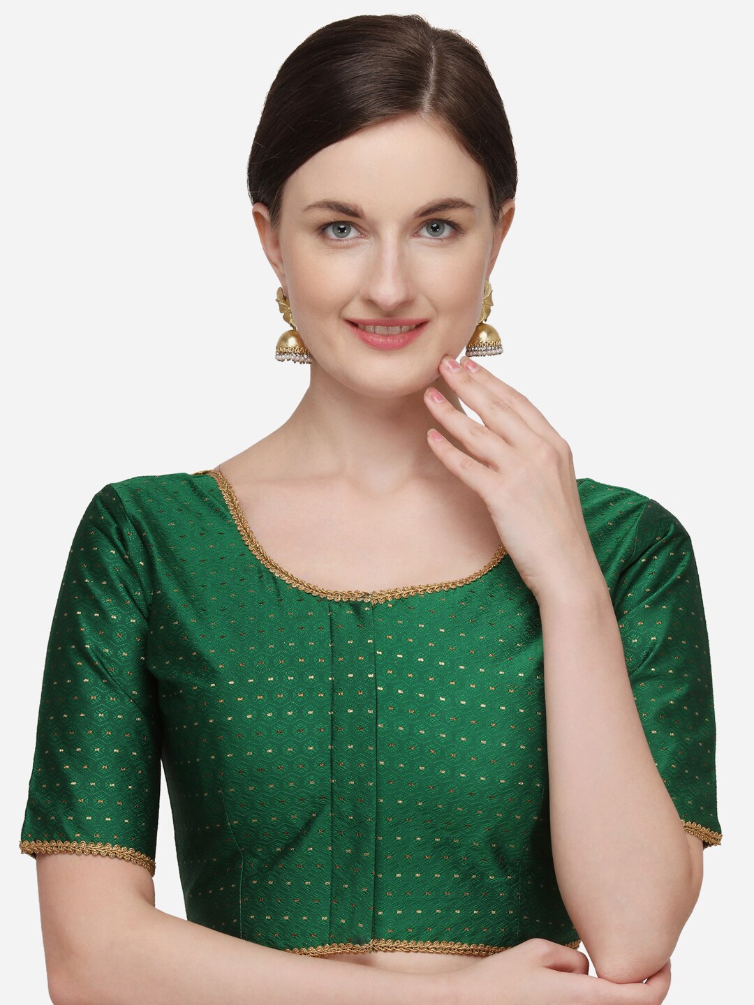 

Fab Dadu Women Green & Gold-Toned Woven-Design Jacquard Saree Blouse