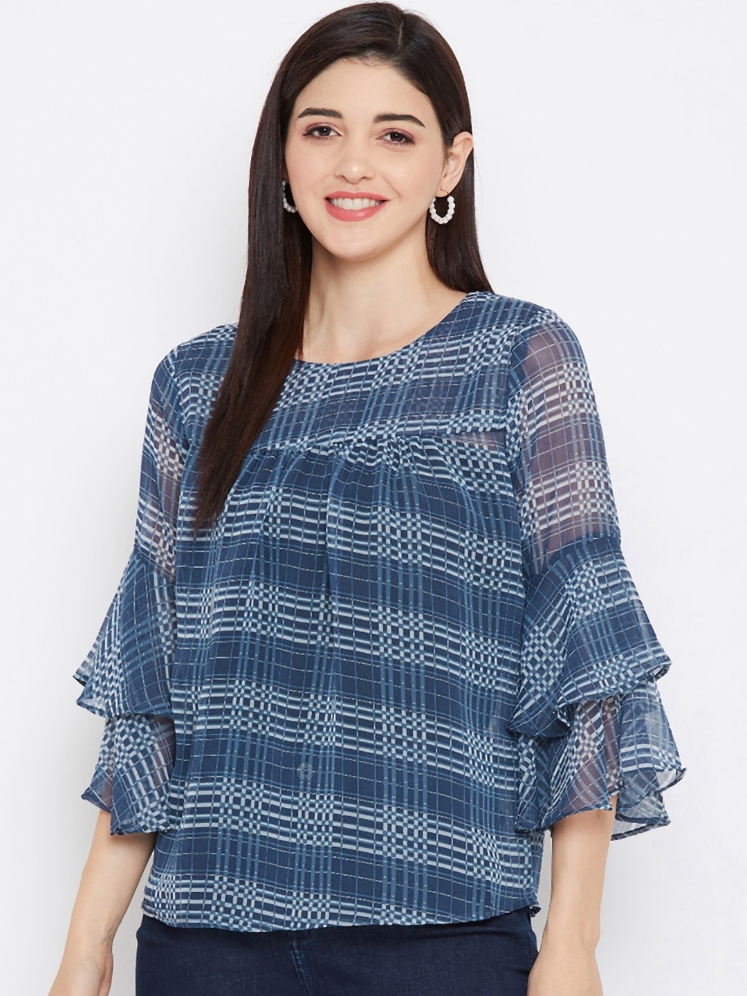 

PURYS Navy Blue & White Checked Bell Sleeves Georgette Regular Top
