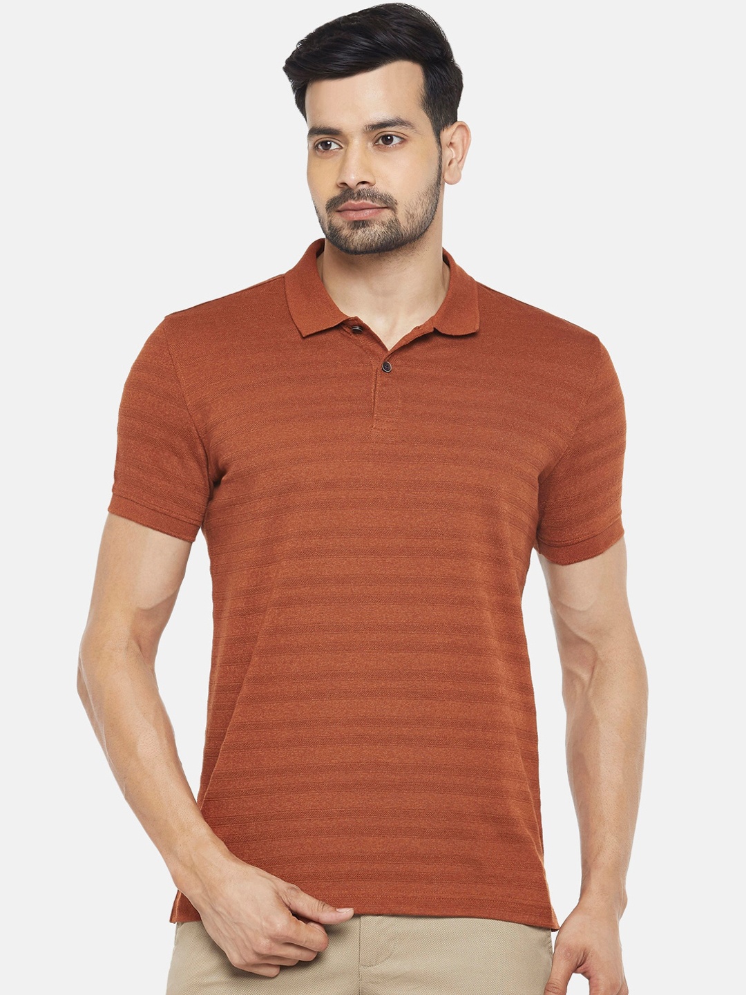 

BYFORD by Pantaloons Men Rust Striped Polo Collar T-shirt