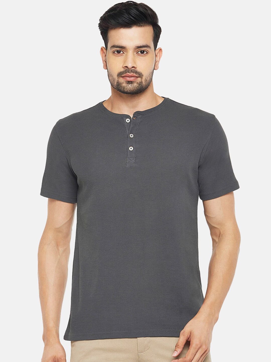 

BYFORD by Pantaloons Men Charcoal Solid Henley Neck Pure Cotton T-shirt