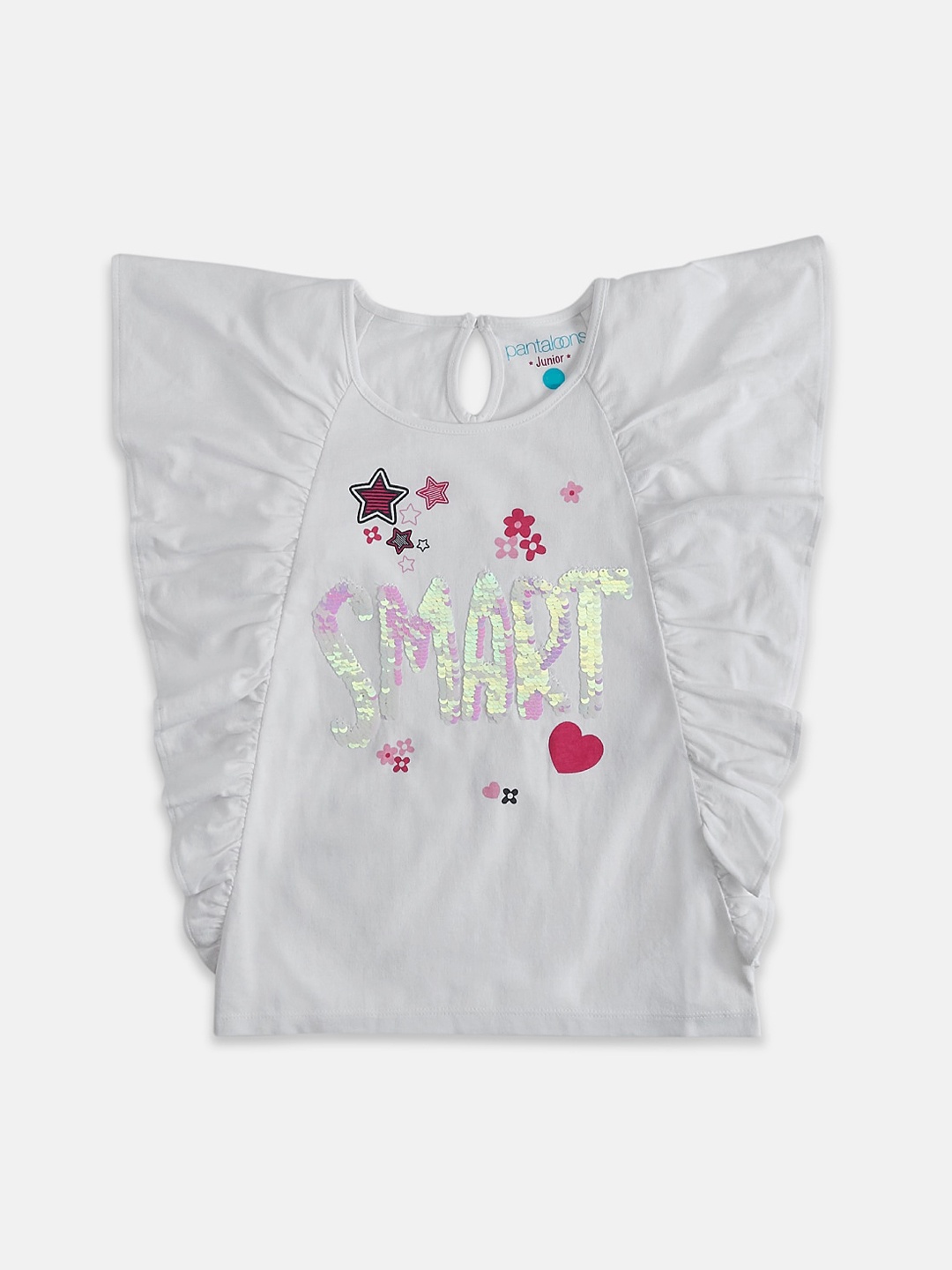 

Pantaloons Junior Off White Printed Flutter Sleeves Pure Cotton Regular Top