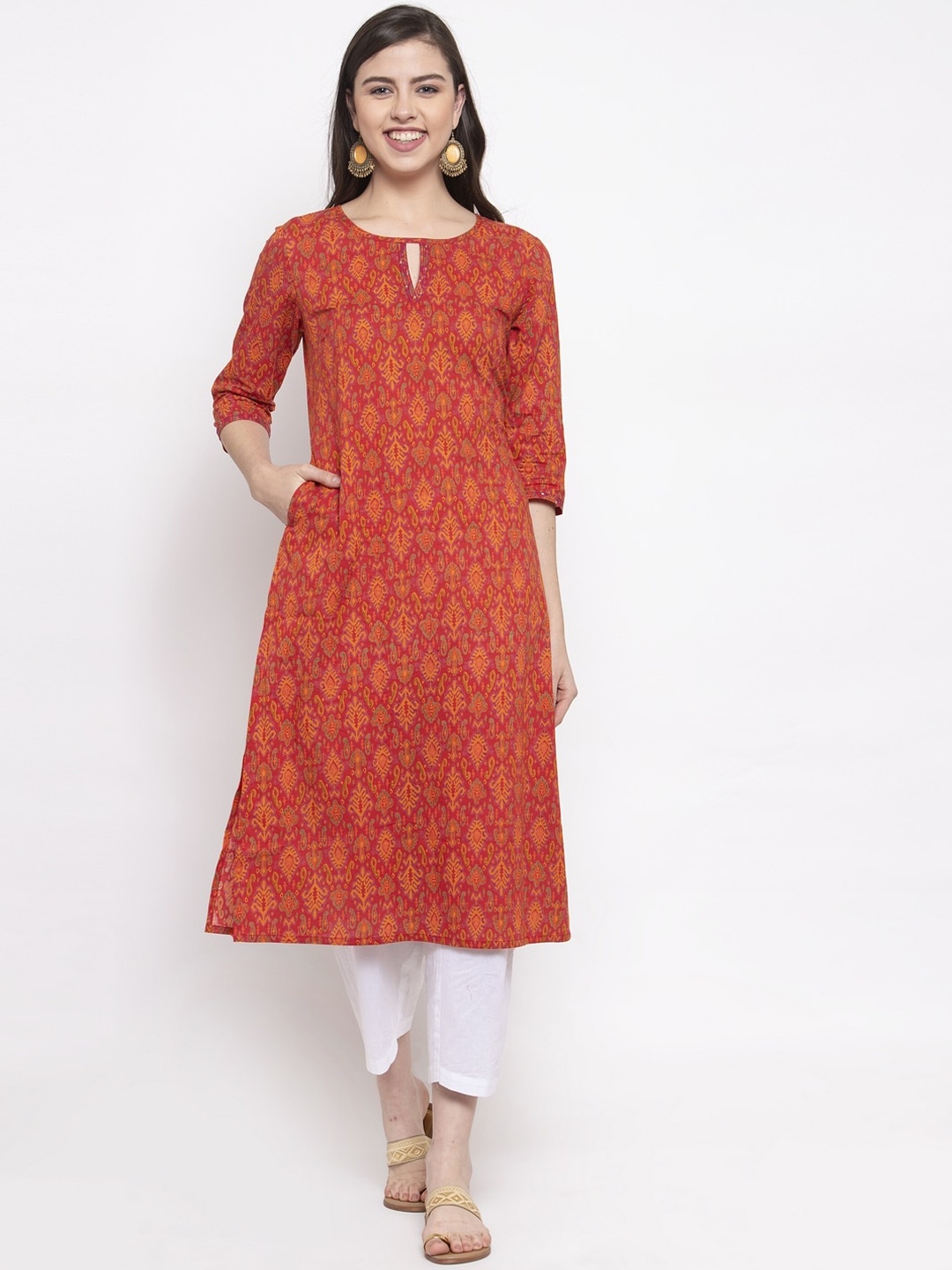 The Kurta Express Women Red & Orange Floral Printed Keyhole Neck Kurta
