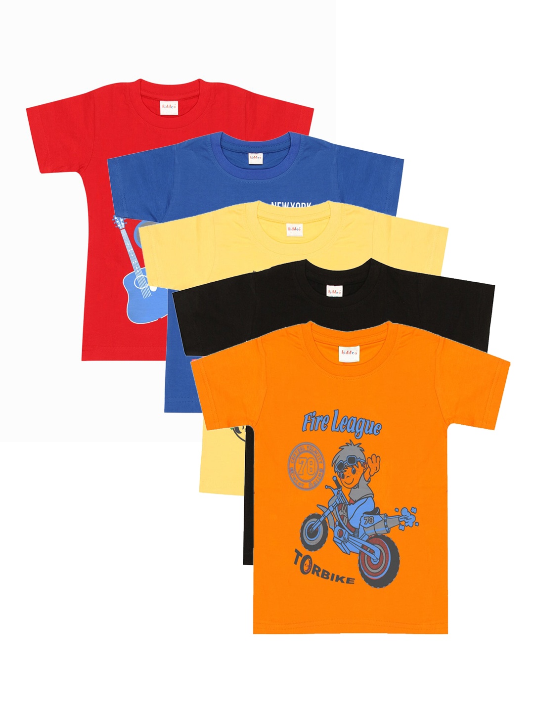 

Kiddeo Boys Pack Of 5 Printed Round Neck Cotton Pure Cotton T-shirt, Multi