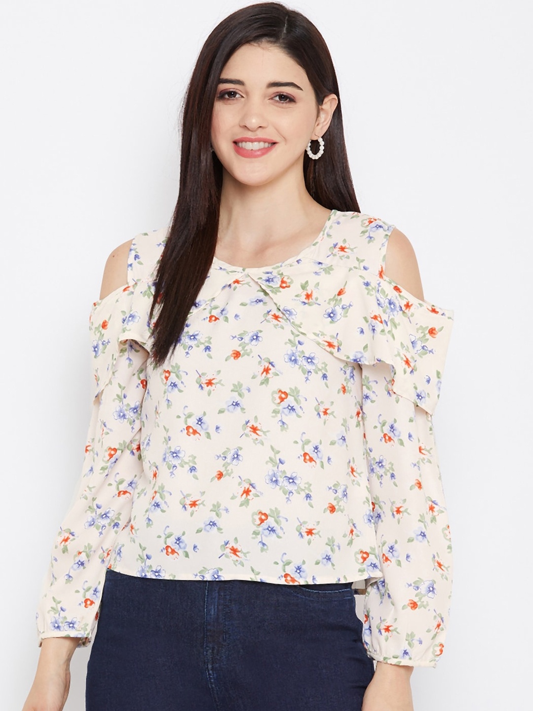 

PURYS Beige Floral Printed Cold-shoulder Seeves Regular Top
