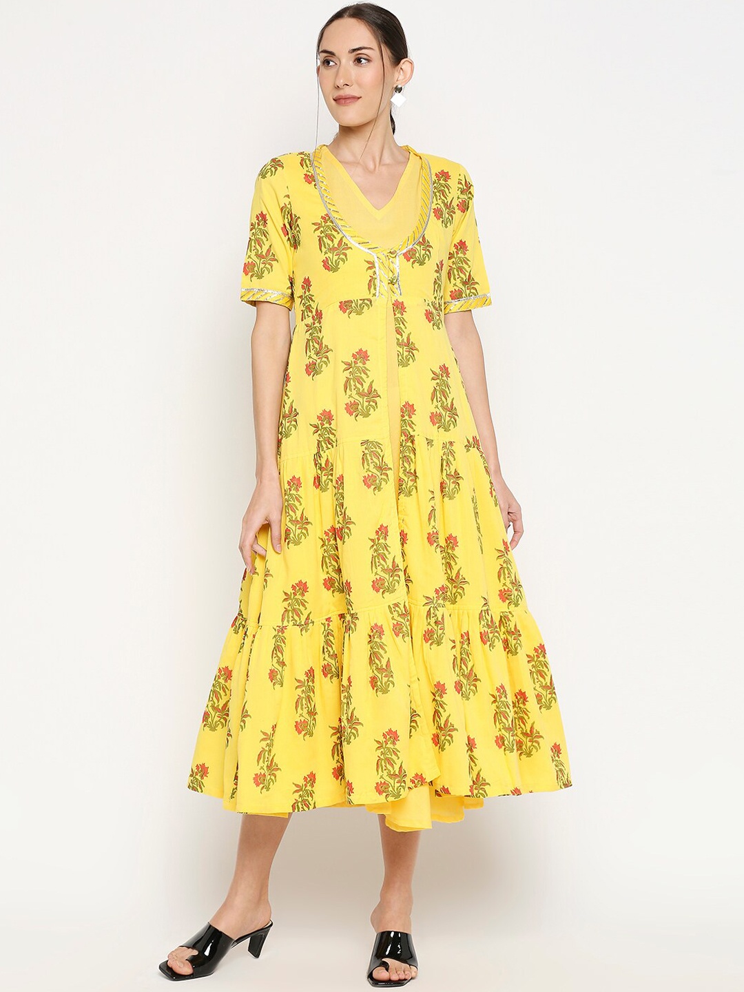 

Monk & Mei Women Yellow & Red Floral Printed Tiered Sustainable A-Line Dress