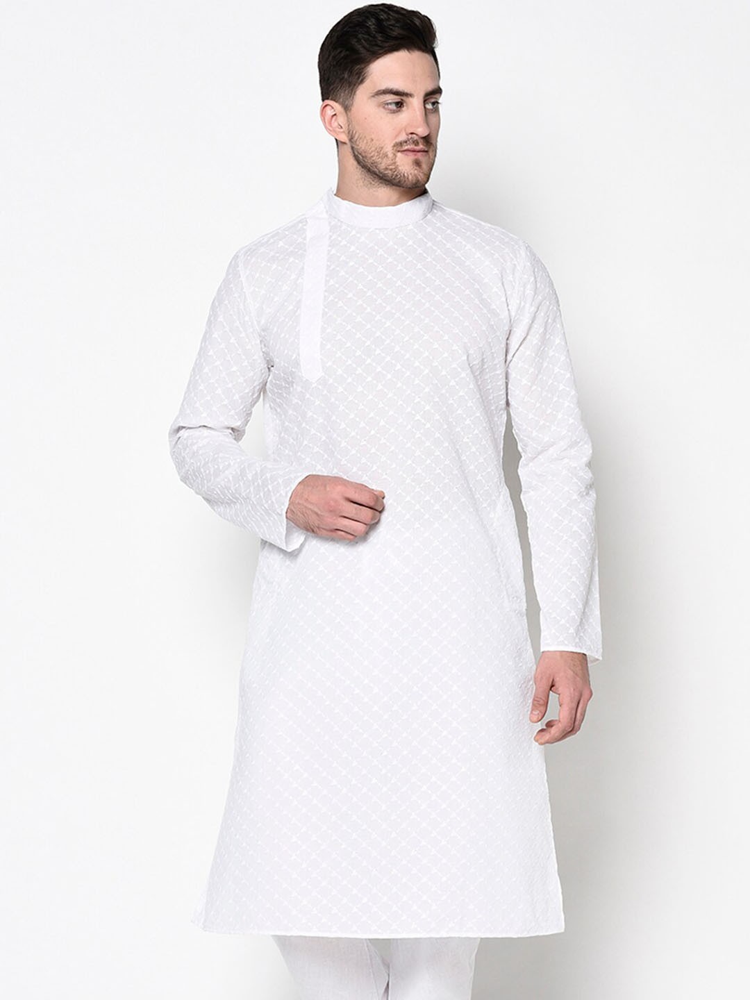 

LAMAAYA Men White Self Design Kurta with Churidar