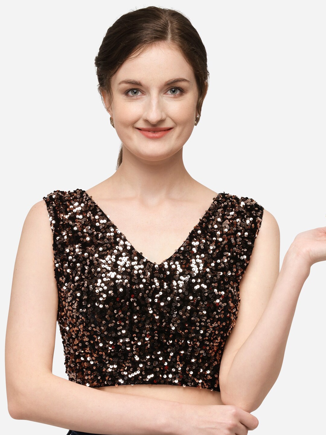 

Fab Dadu Women Brown Sequin Embellished Velvet Saree Blouse