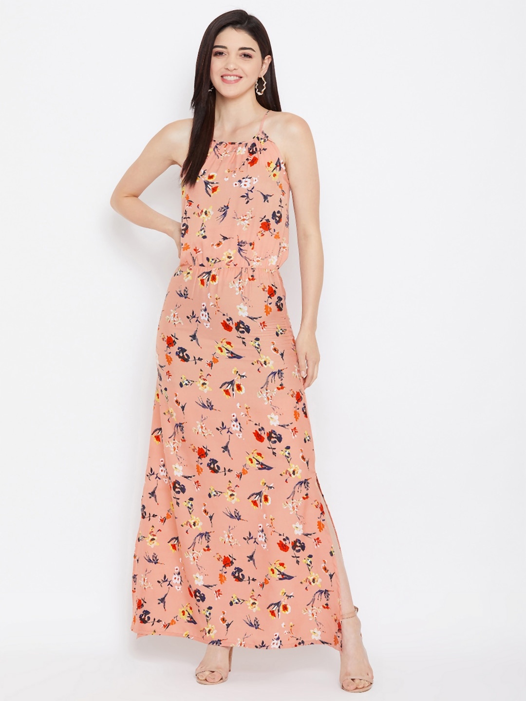 

PURYS Women Peach-Coloured Printed Maxi Dress