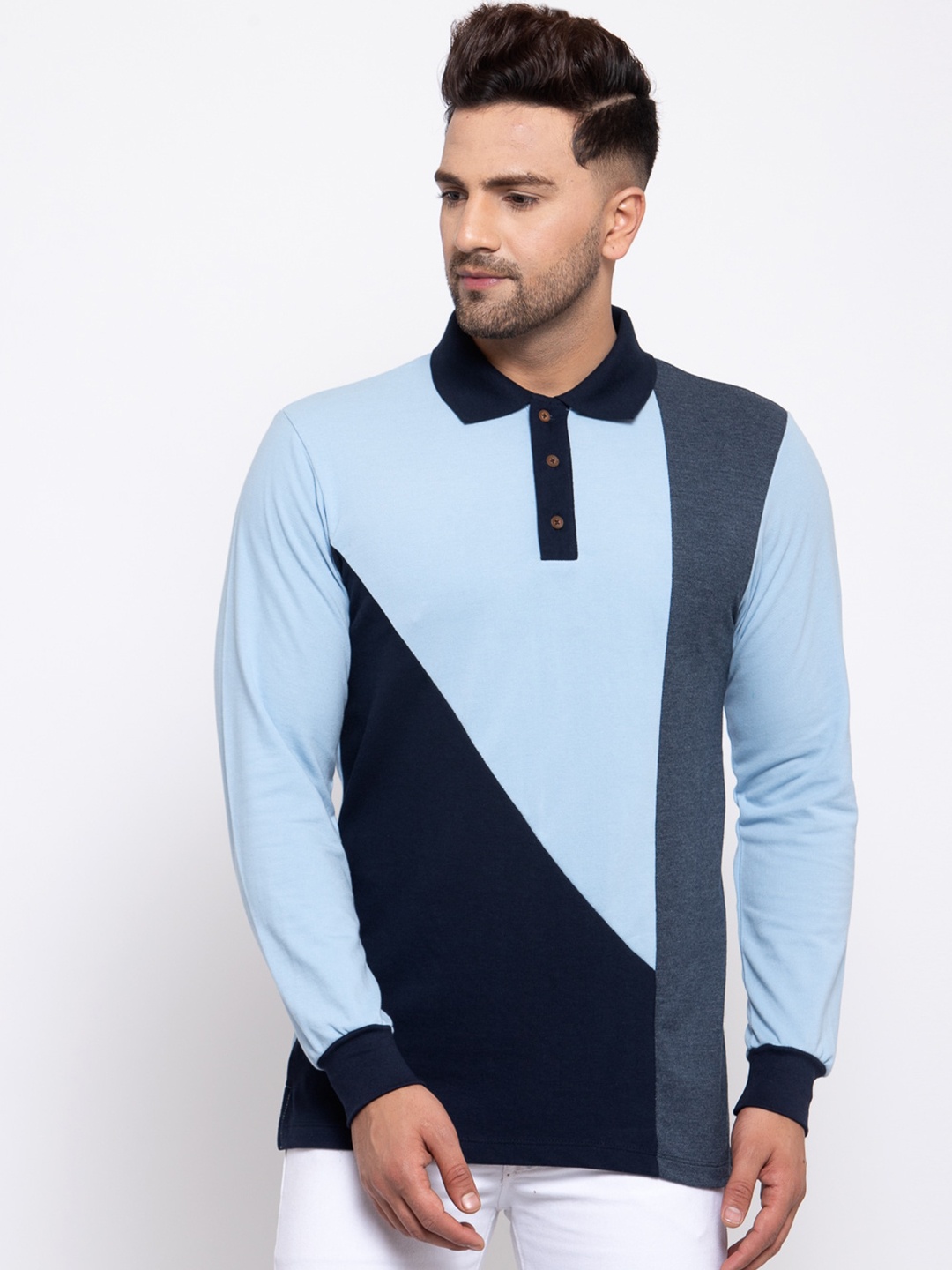 

Kalt Men Navy Blue Colourblocked Polo Collar T-shirt
