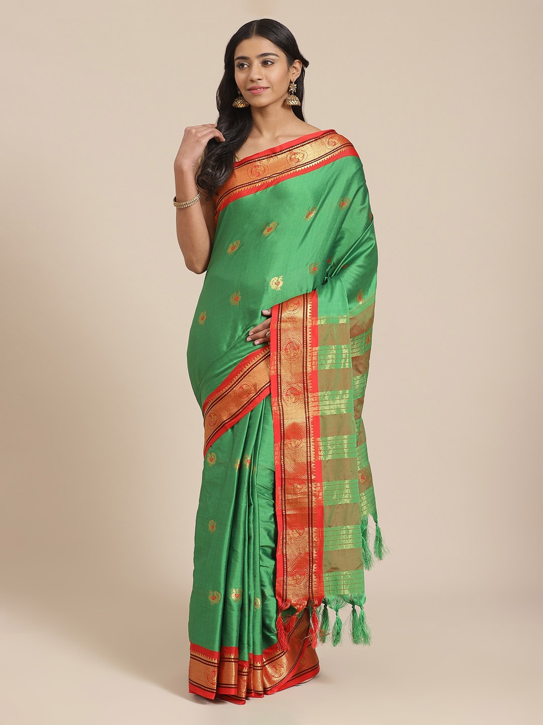

Mitera Green & Red Pure Silk Woven Design Kanjeevaram Saree