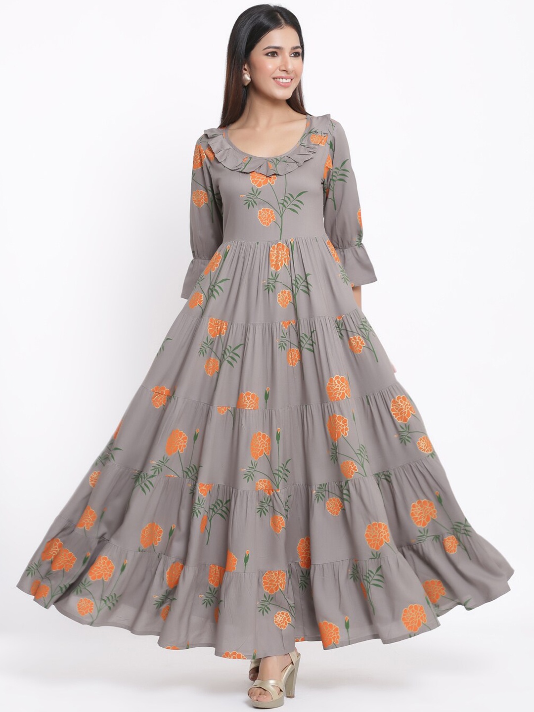 kipek Women Grey Floral Printed Anarkali Kurta