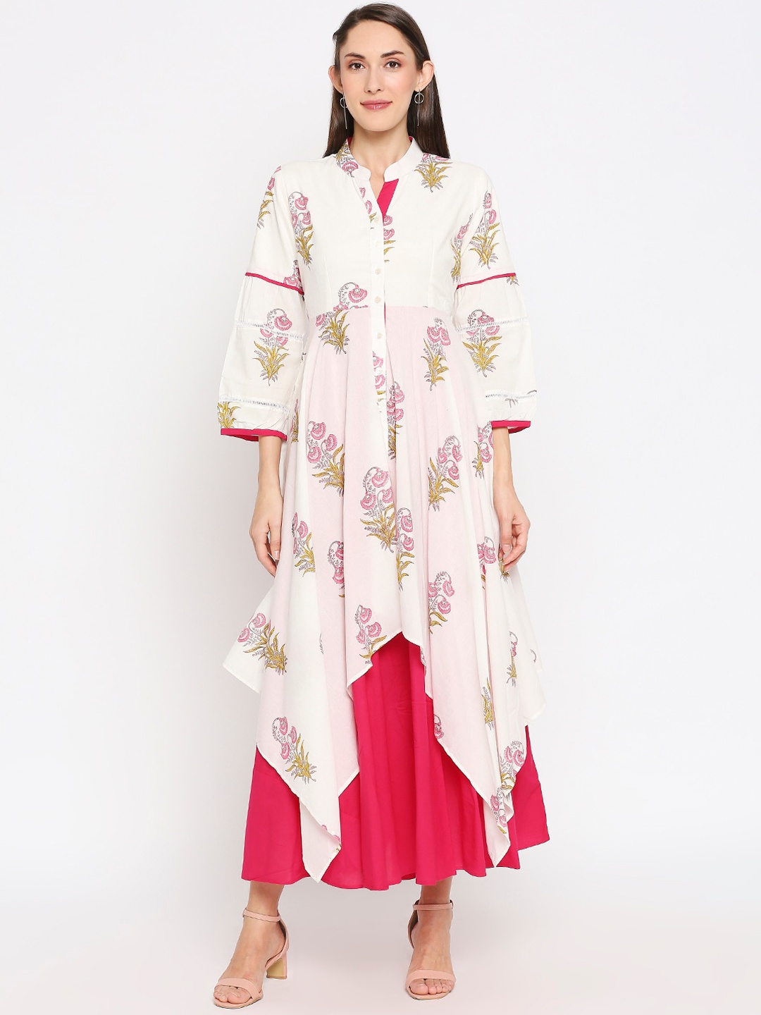 

Monk & Mei Women White & Pink Printed Layered Sustainable Maxi Dress