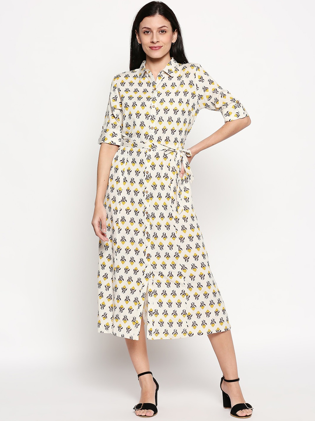 

People Women Off-White Printed Cotton Shirt Dress