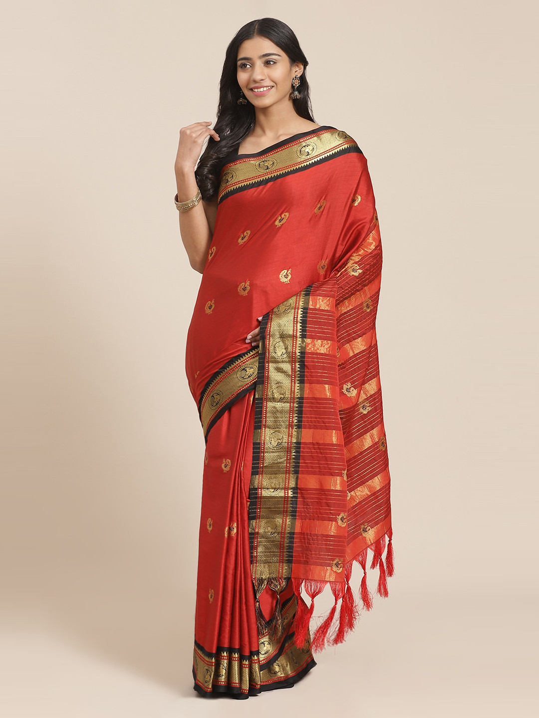 

Mitera Red & Black Pure Silk Woven Design Kanjeevaram Saree