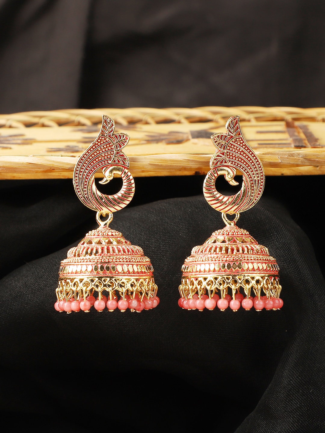 

ANIKAS CREATION Pink Enamelled Gold Plated Jhumkas