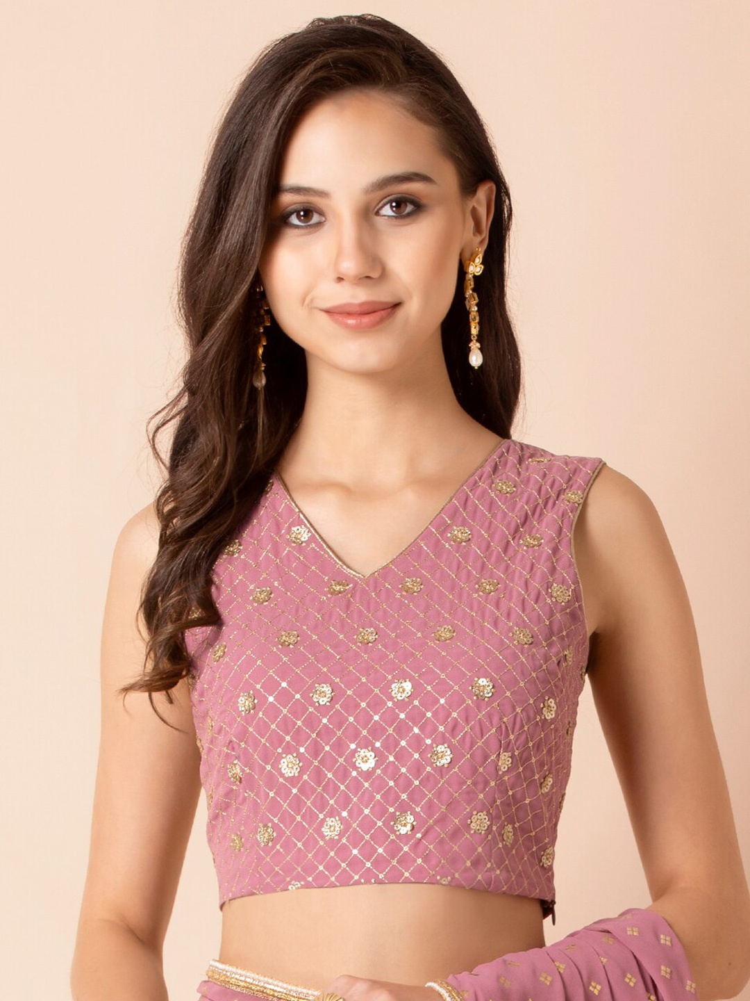

Indya Pink Sequin Embroidered Sleeveless Crop Top