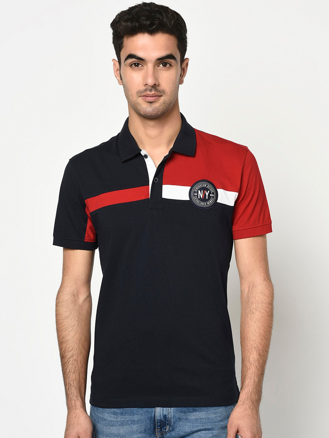 

Octave Men Navy Blue & Red Colourblocked Polo Collar T-shirt