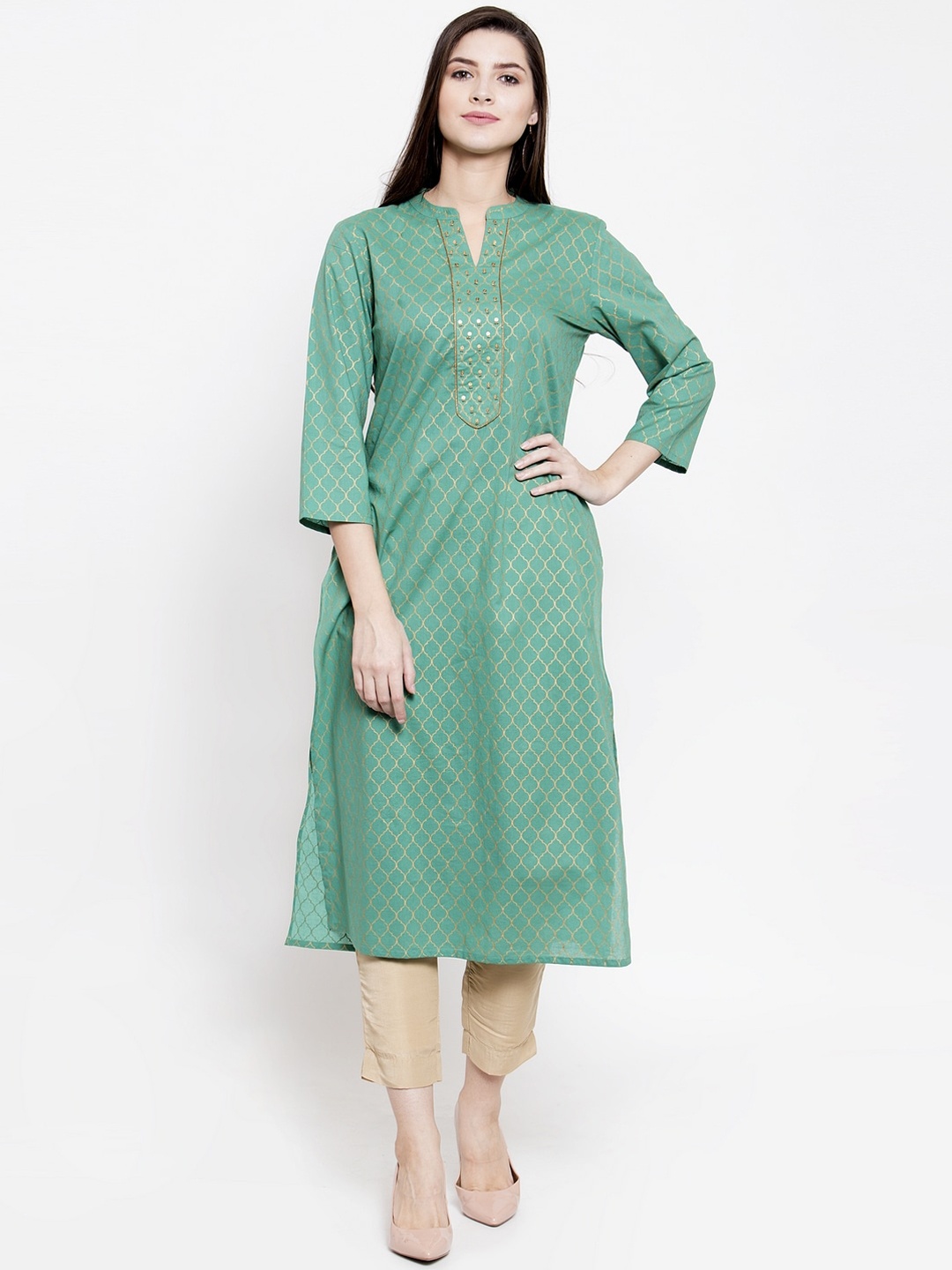 

The Kurta Express Women Green Ethnic Motifs Printed Kurta