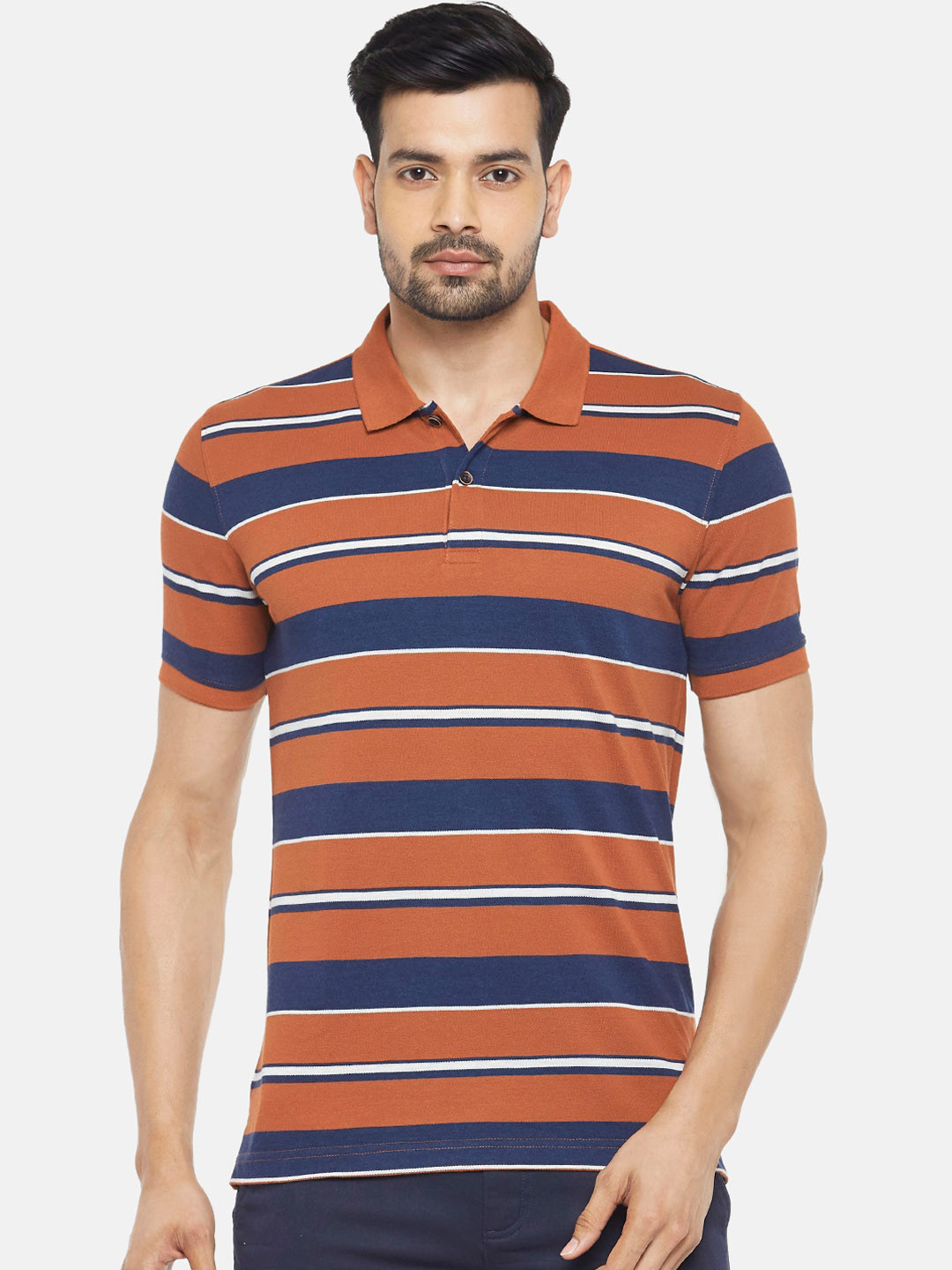

BYFORD by Pantaloons Men Tan Brown & Blue Striped Polo Collar T-shirt