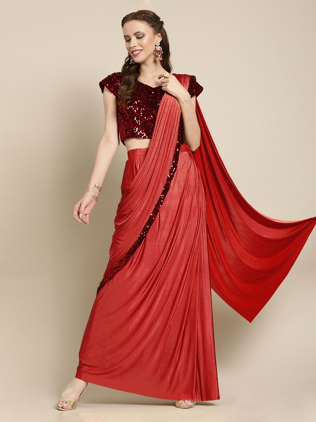 

Chhabra 555 Red Solid Poly Georgette Ready To Wear Saree