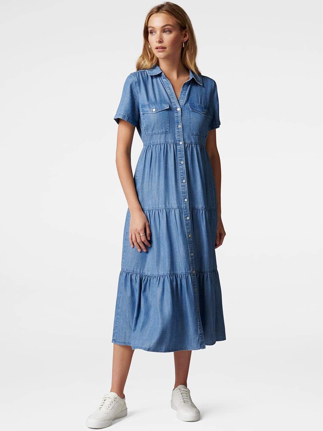 

Forever New Women Blue Solid Donna Denim Shirt Dress