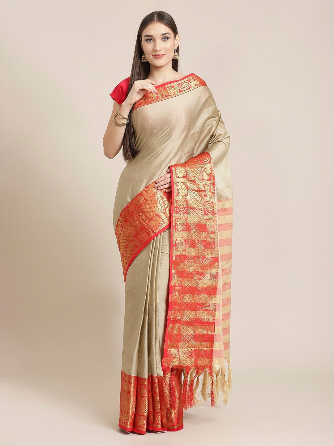 

Mitera Cream-Coloured & Red Pure Silk Solid Banarasi Saree