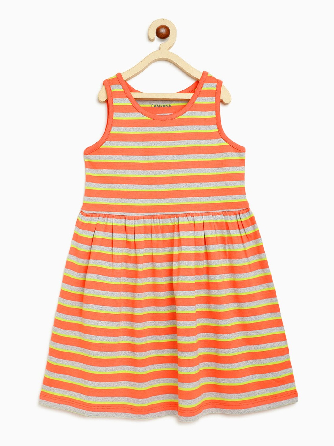 

Campana Girls Peach-Coloured Striped Fit and Flare Dress