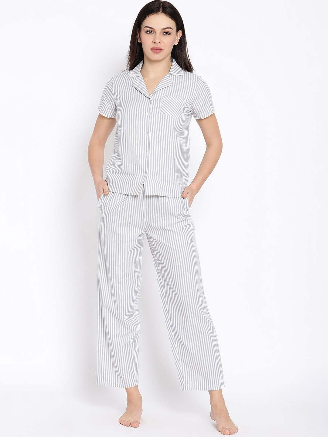 

HOUSE OF KKARMA Women Blue & Off-White Striped Night Suit