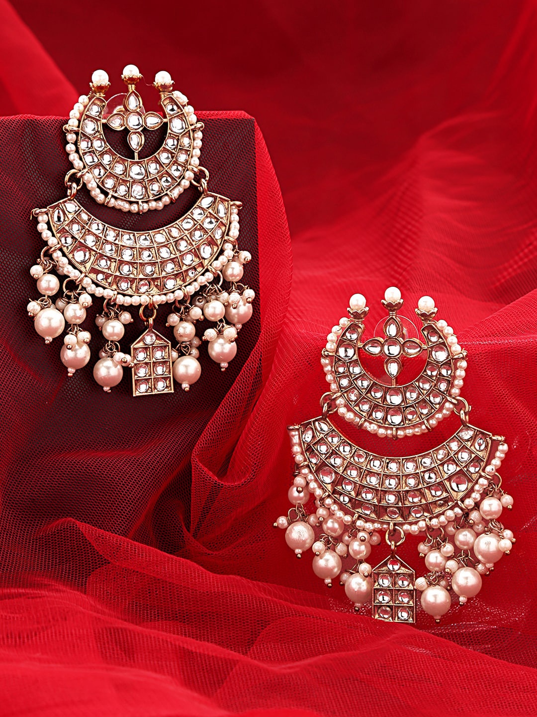 

Yellow Chimes White & Gold-Toned Crescent Shaped Chandbali Earrings