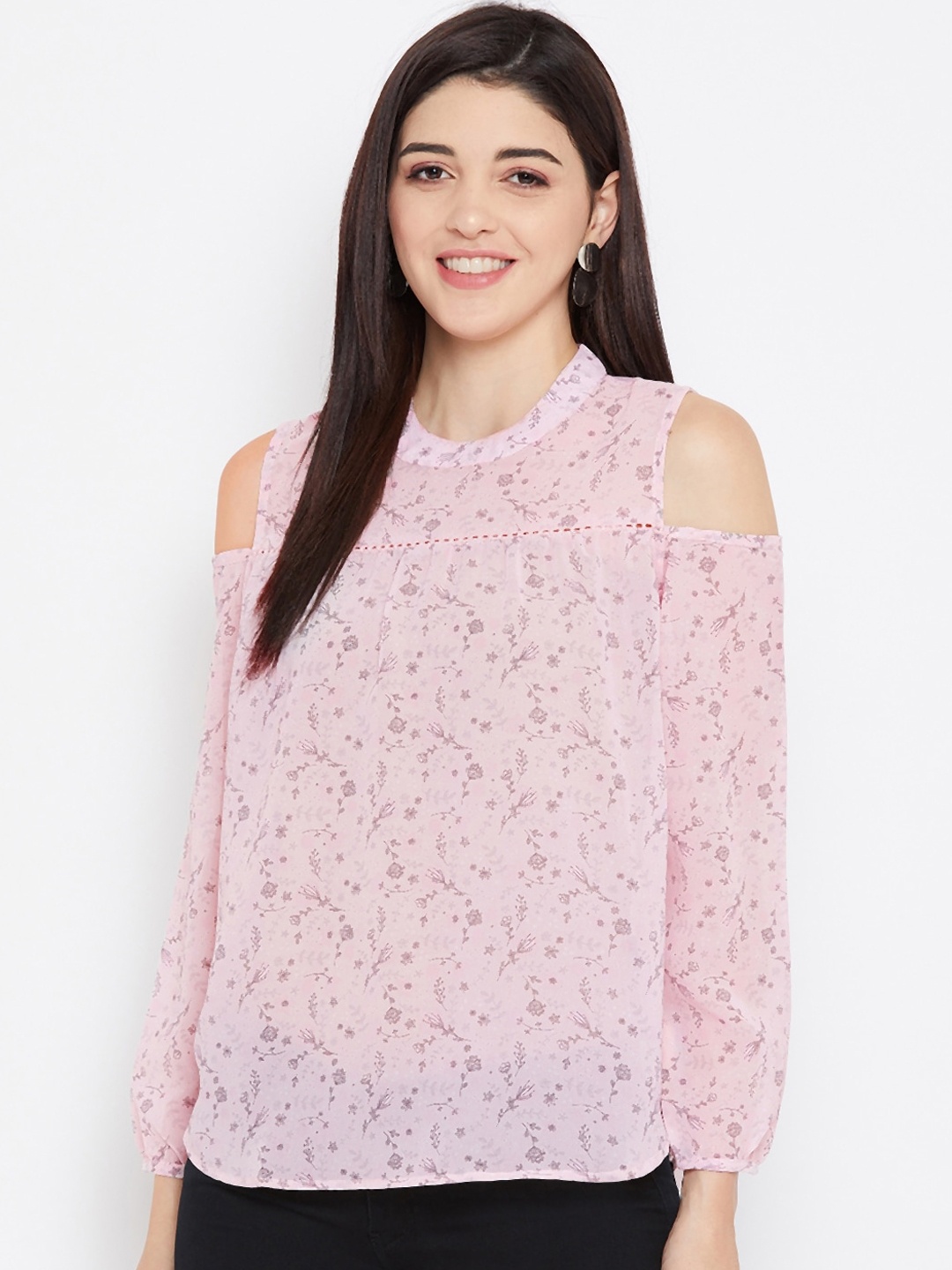 

PURYS Women Pink floral Printed Cold-Shoulder Sleeves Regular Top