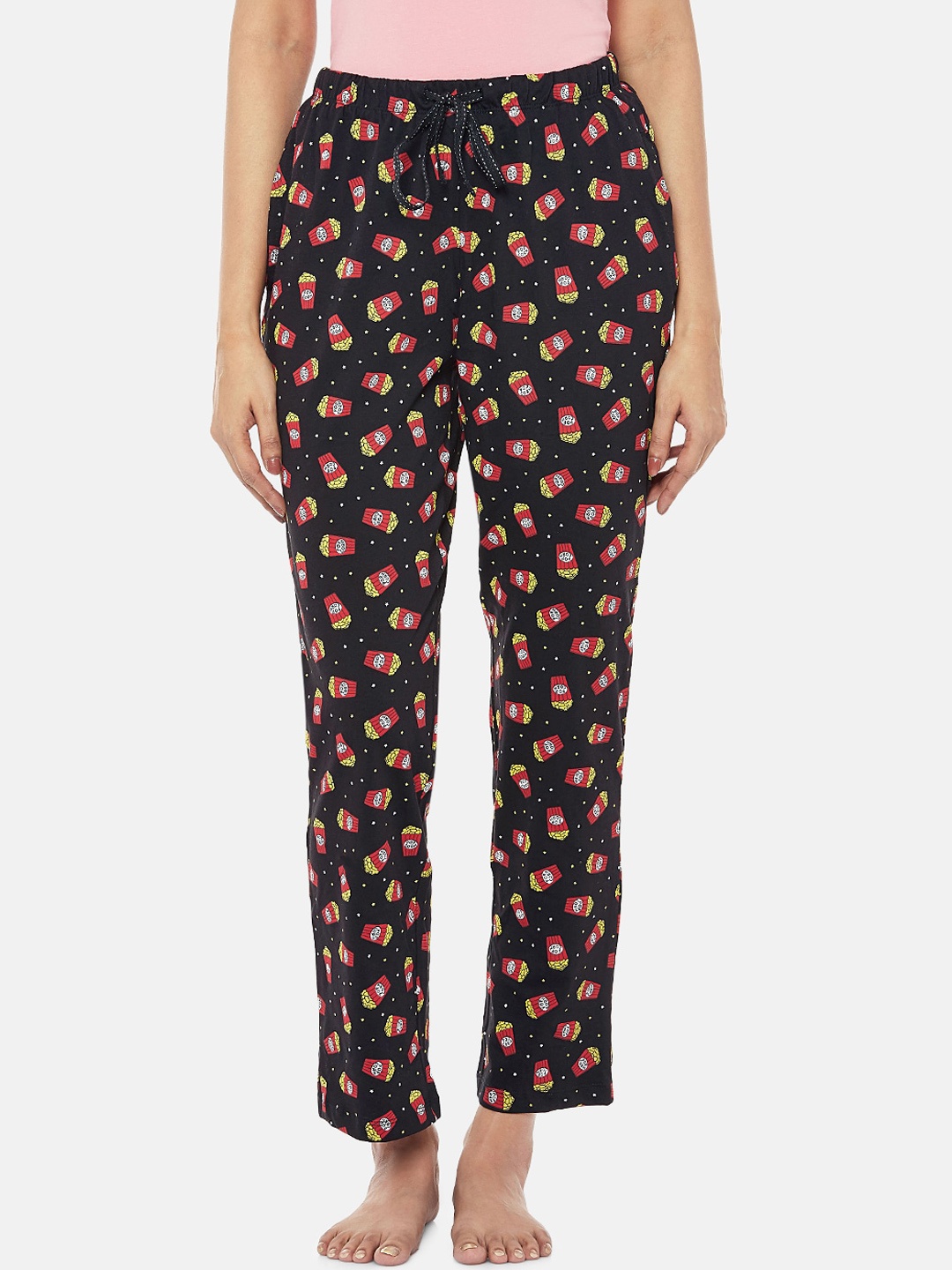 

Dreamz by Pantaloons Women Black & Red Printed Pure Cotton Lounge Pants