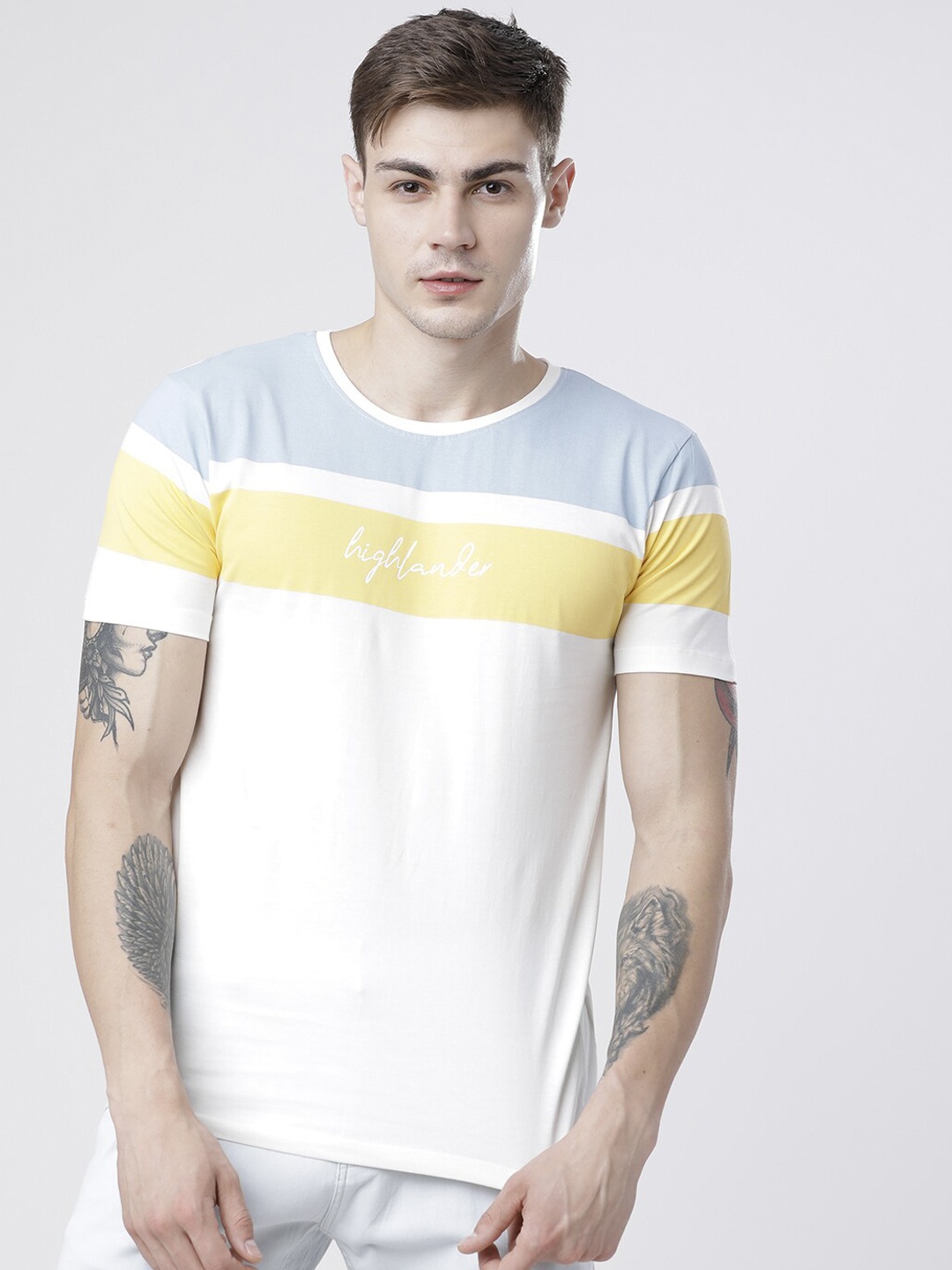 

HIGHLANDER Men White Colourblocked Round Neck T-shirt