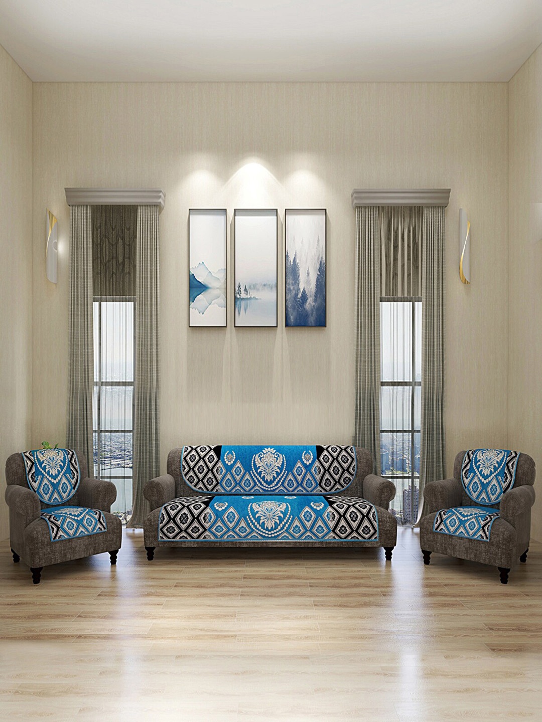 ROMEE Set Of 6 Blue & White Self-Design 5-Seater Sofa Covers