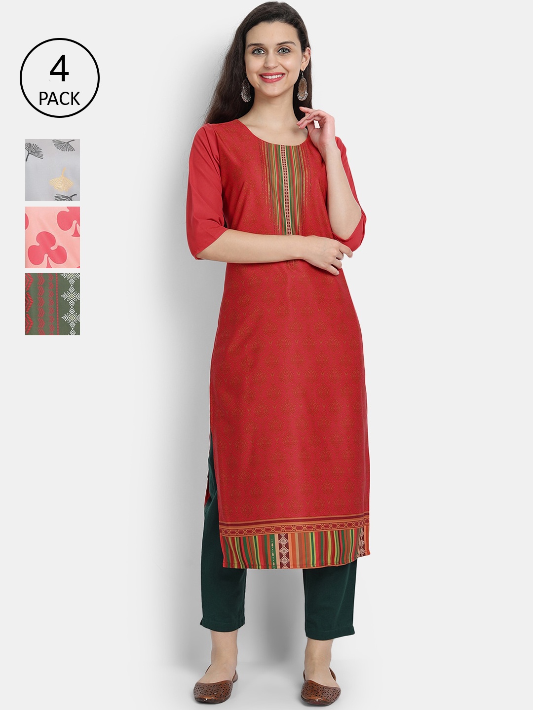 

7Threads Women Pack of 4 Multicoloured Ethnic Motifs Printed Crepe Kurta, Multi