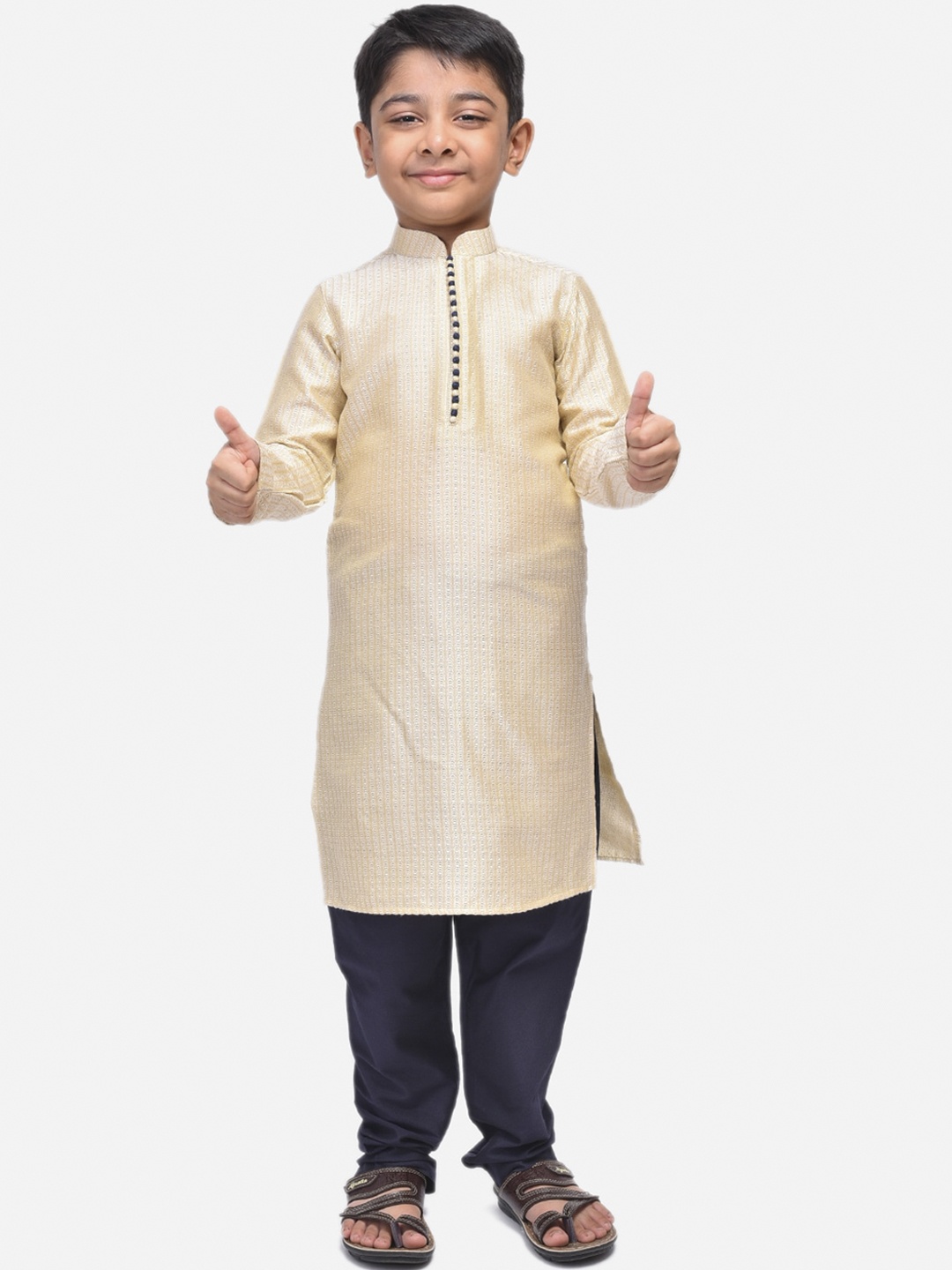 NAMASKAR Boys Cotton Blend Self Design Kurta with Churidar, Cream