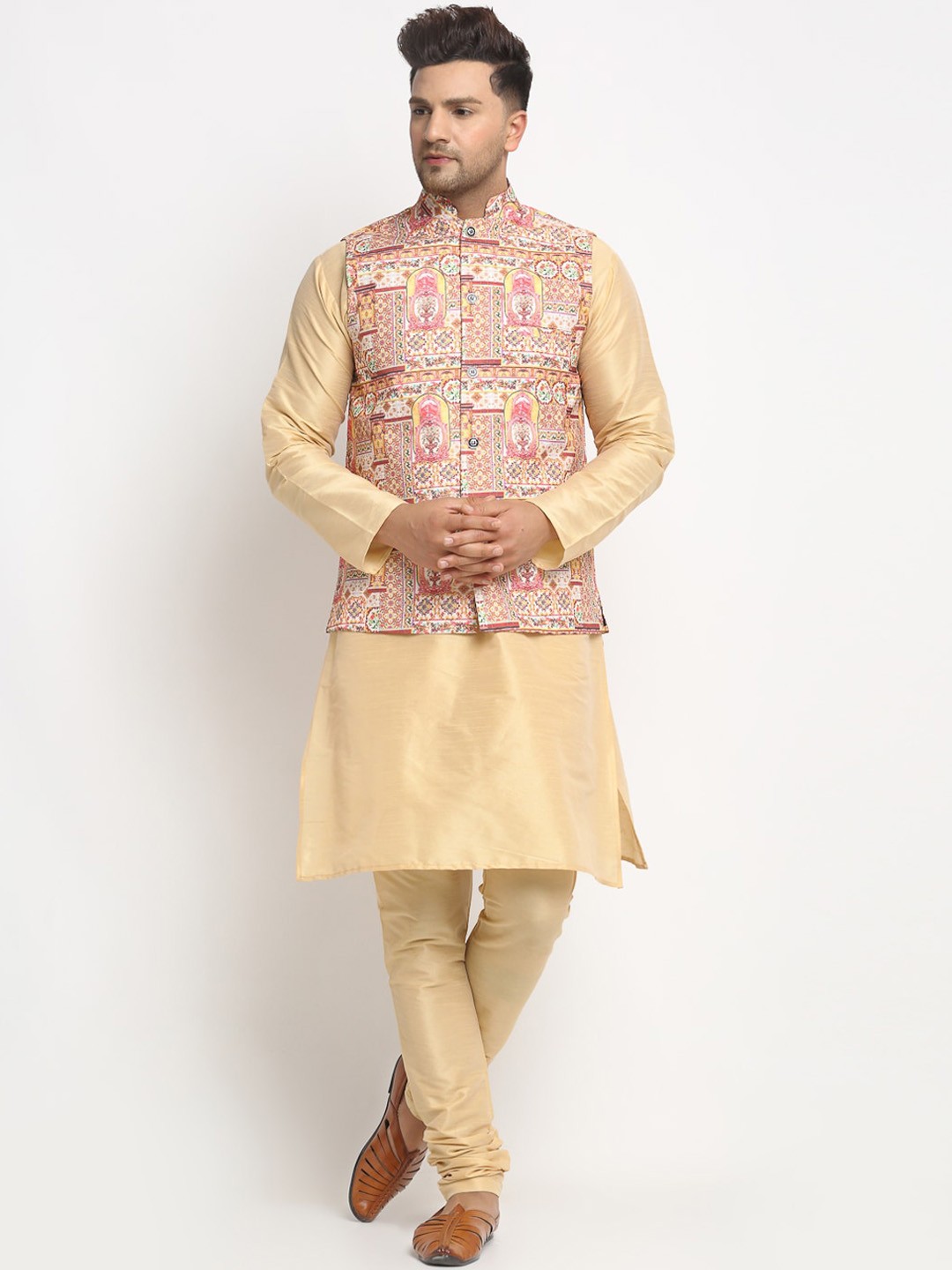 Benstoke Men Gold-Toned Solid Kurta and Churidar With Nehru Jacket
