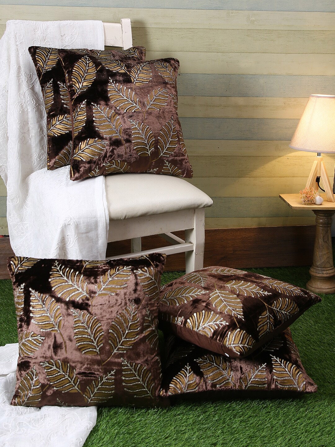 

ROMEE Coffee Brown & Silver-Toned Set of 5 Ethnic Motifs Square Cushion Covers