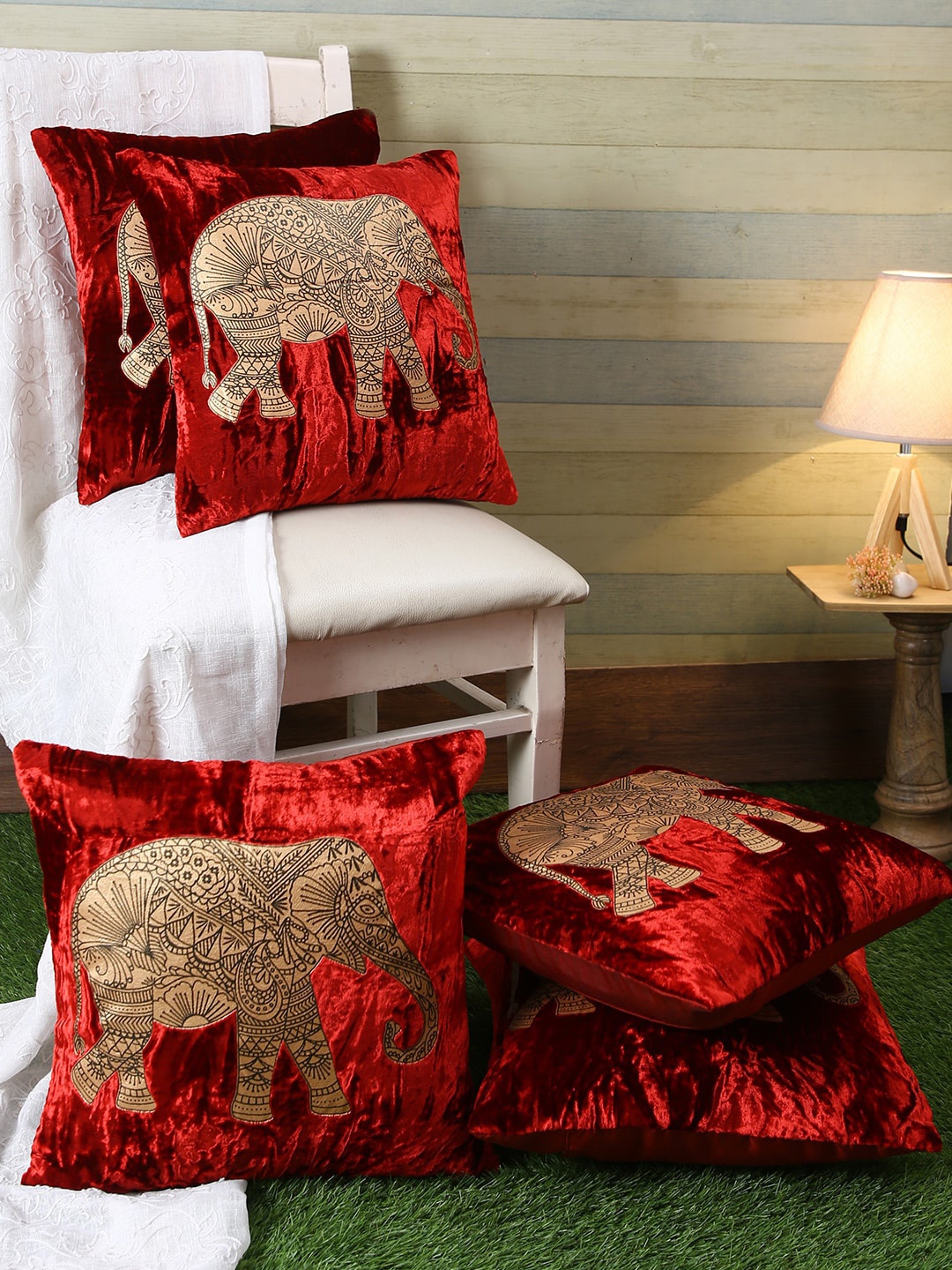 

ROMEE Maroon & Beige Set of 5 Ethnic Motifs Square Cushion Covers