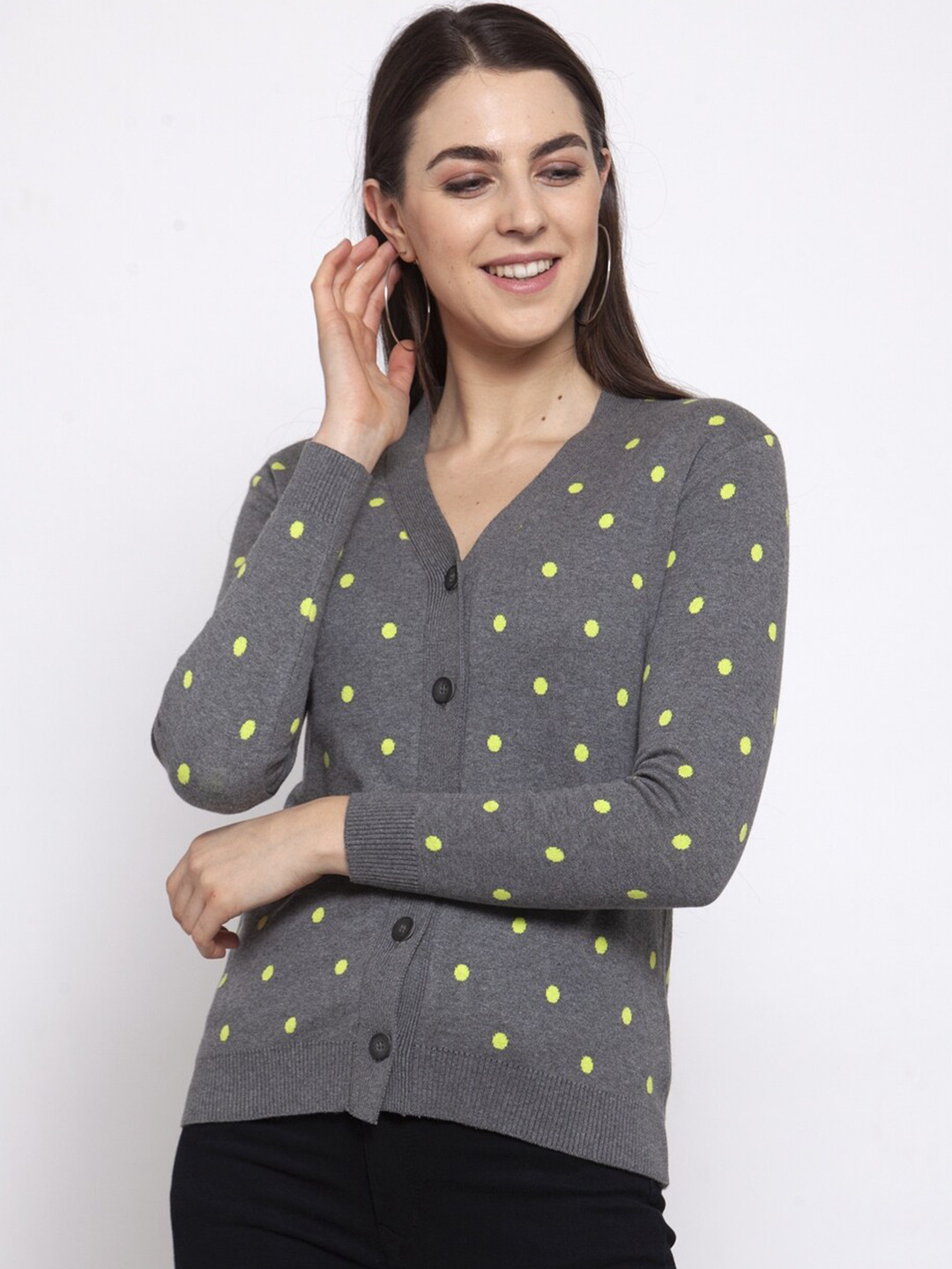 

Kalt Women Grey Printed Full Sleeves Cotton Cardigan
