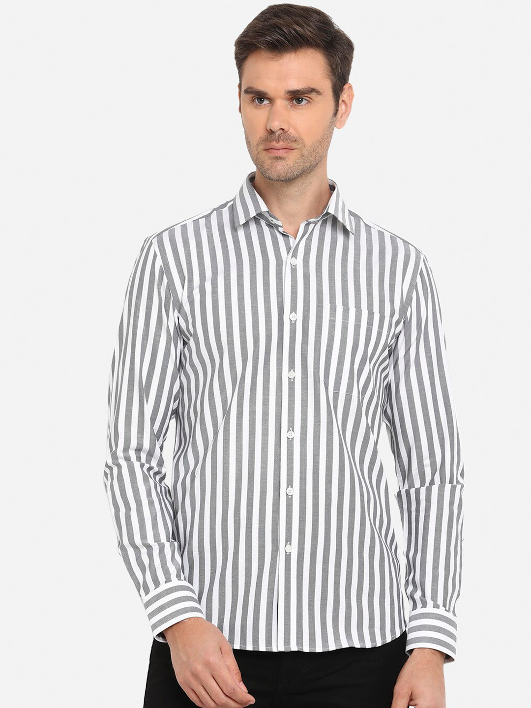 

JADE BLUE Men White & Grey Striped Casual Shirt