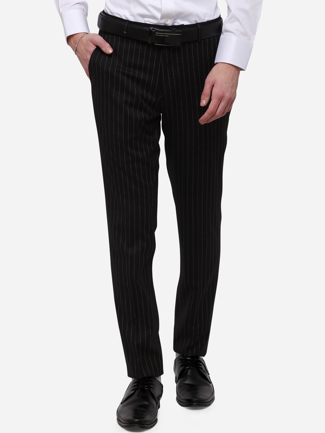 

JADE BLUE Men Black Slim Fit Striped Formal Trousers