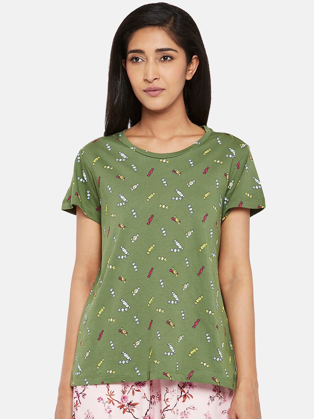

Dreamz by Pantaloons Olive Green Printed Pure Cotton Regular Lounge tshirt