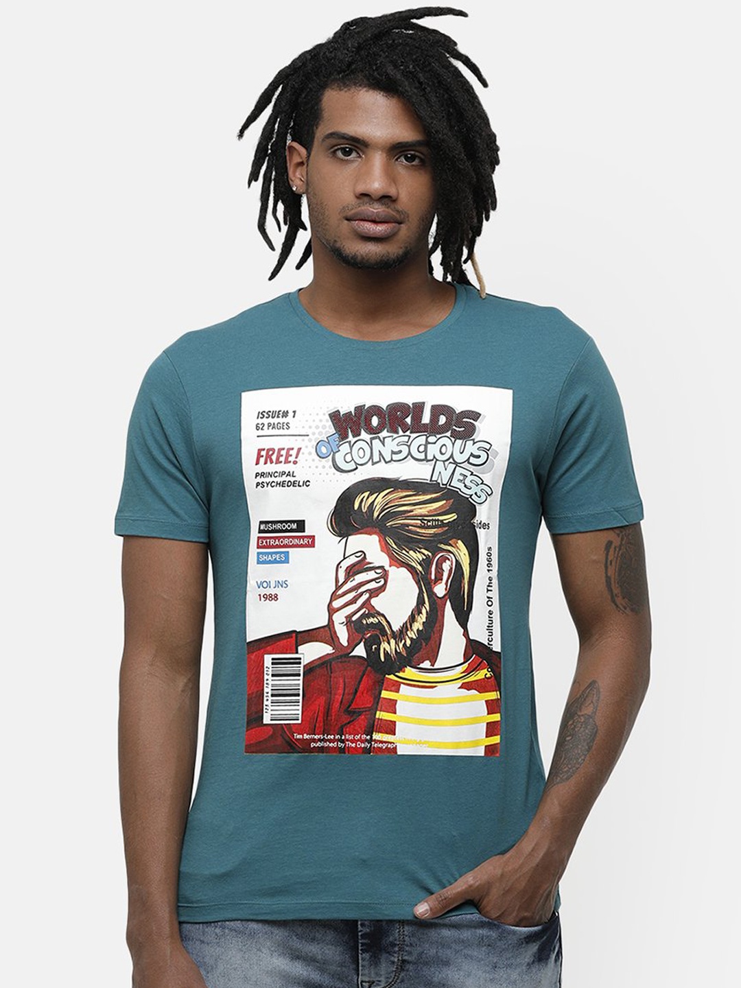 

Voi Jeans Men Teal Green Printed Round Neck T-shirt