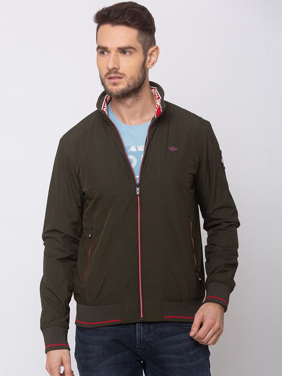 

SPYKAR Men Olive Green Striped Bomber