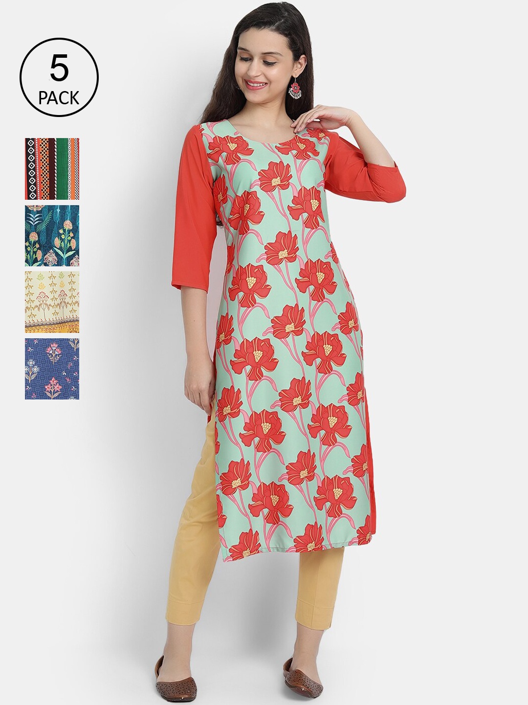 

7Threads Women Pack of 5 Multicoloured Ethnic Motifs Printed Crepe Kurta, Multi
