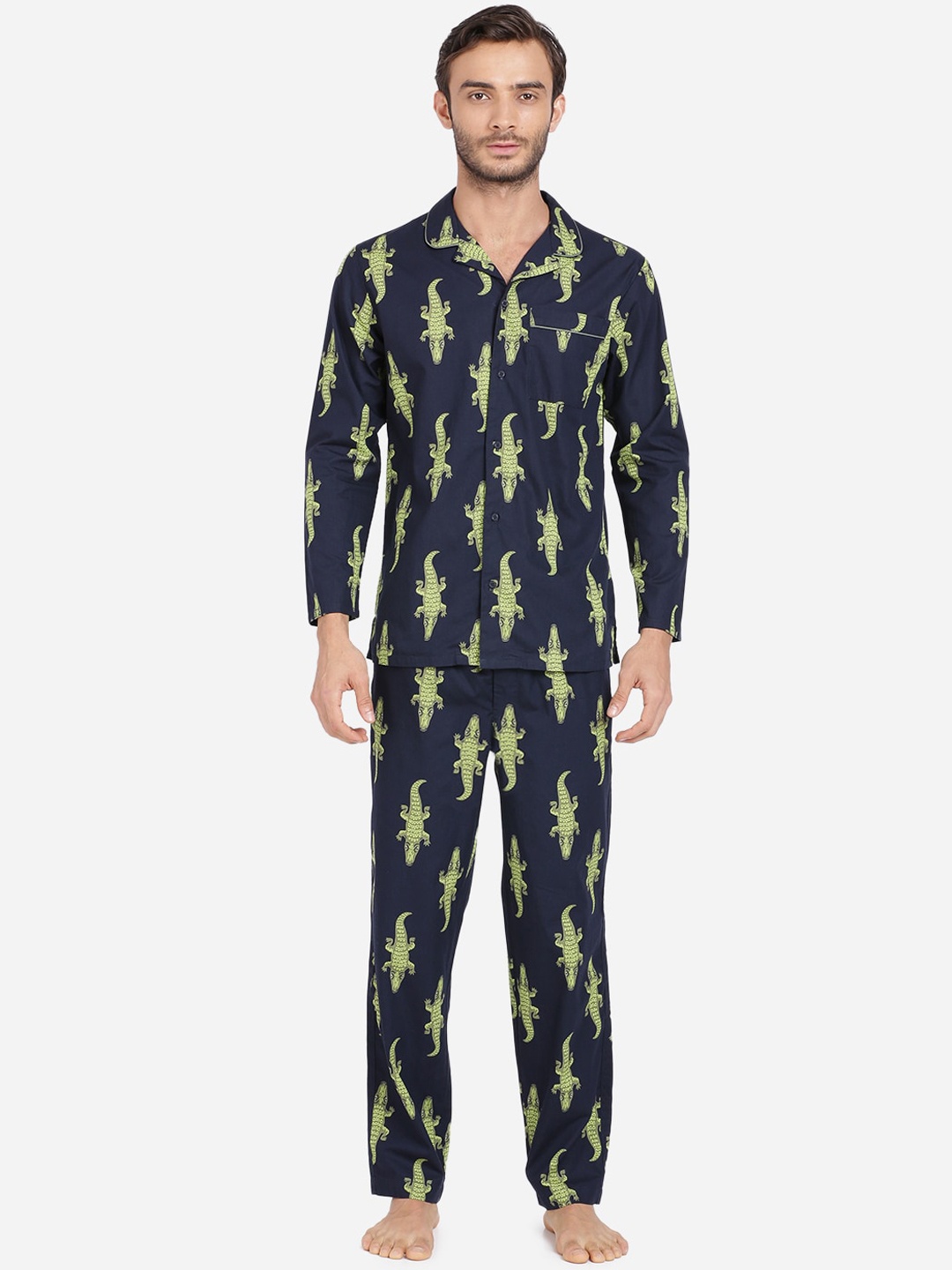 

Bene Kleed Men Navy Blue & Green Printed Cotton Night suit
