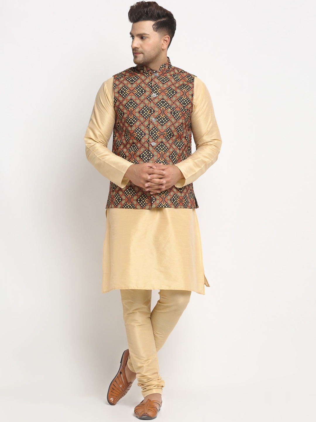 

Benstoke Men Beige & Brown Solid Kurta with Churidar & Nehru Jacket